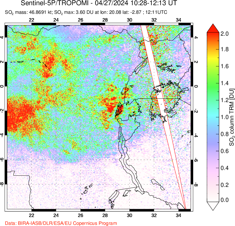 A sulfur dioxide image over Nyiragongo, DR Congo on Apr 27, 2024.