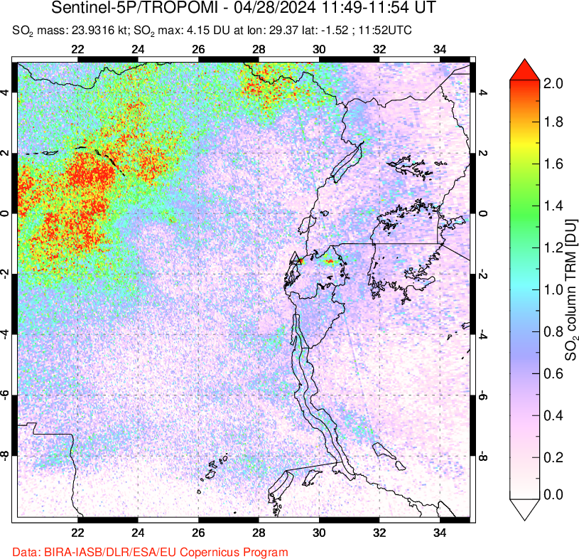 A sulfur dioxide image over Nyiragongo, DR Congo on Apr 28, 2024.