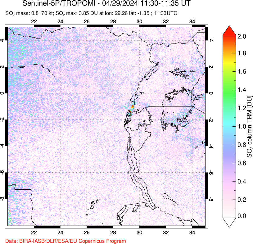 A sulfur dioxide image over Nyiragongo, DR Congo on Apr 29, 2024.