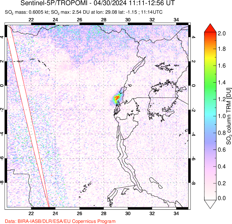 A sulfur dioxide image over Nyiragongo, DR Congo on Apr 30, 2024.