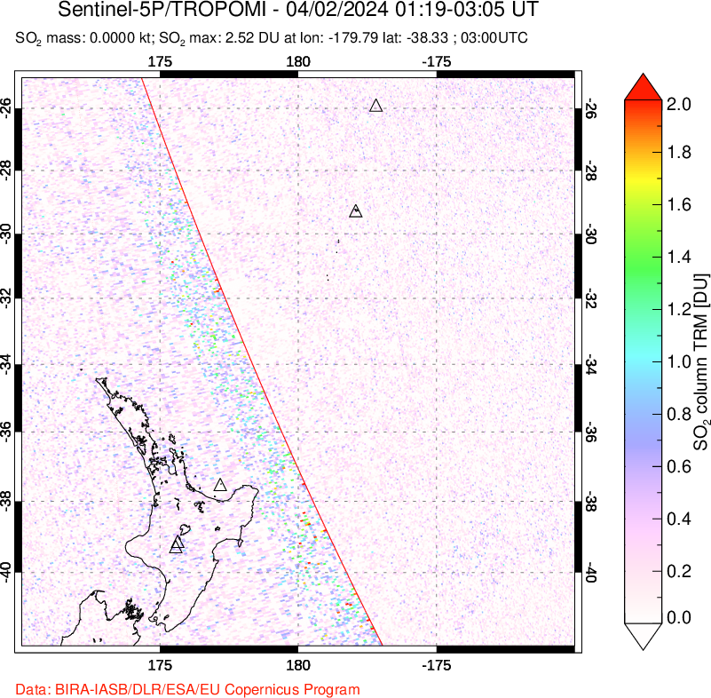 A sulfur dioxide image over New Zealand on Apr 02, 2024.