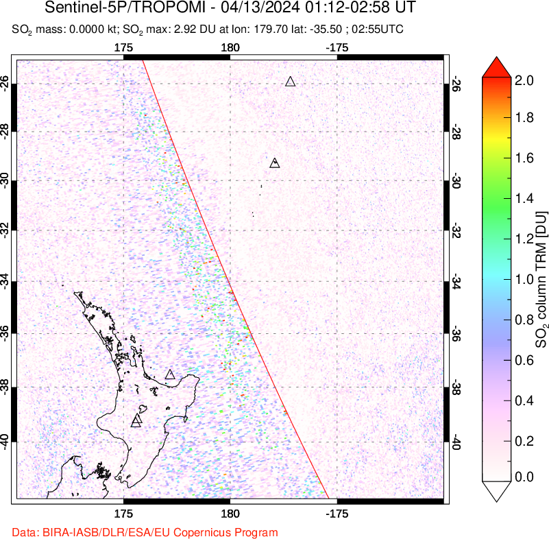 A sulfur dioxide image over New Zealand on Apr 13, 2024.