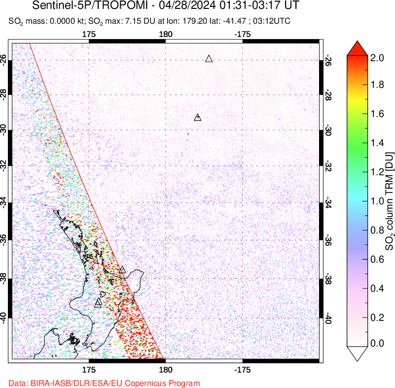 A sulfur dioxide image over New Zealand on Apr 28, 2024.