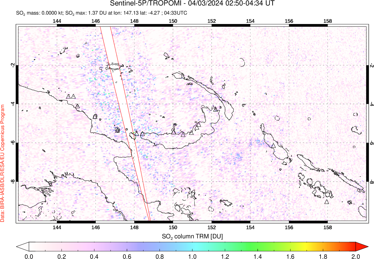 A sulfur dioxide image over Papua, New Guinea on Apr 03, 2024.