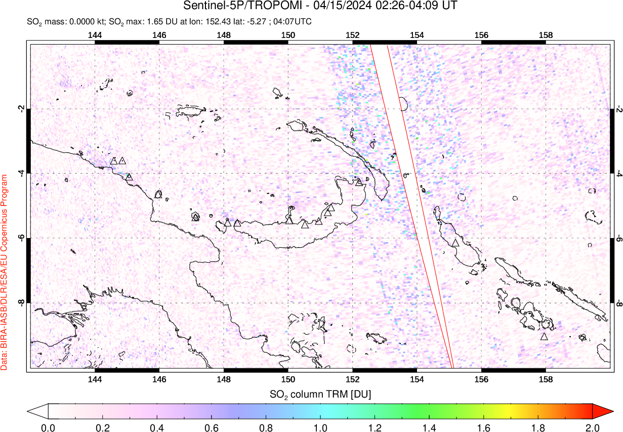 A sulfur dioxide image over Papua, New Guinea on Apr 15, 2024.