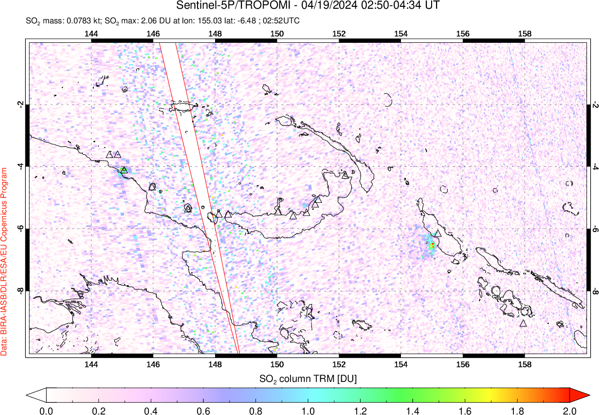 A sulfur dioxide image over Papua, New Guinea on Apr 19, 2024.