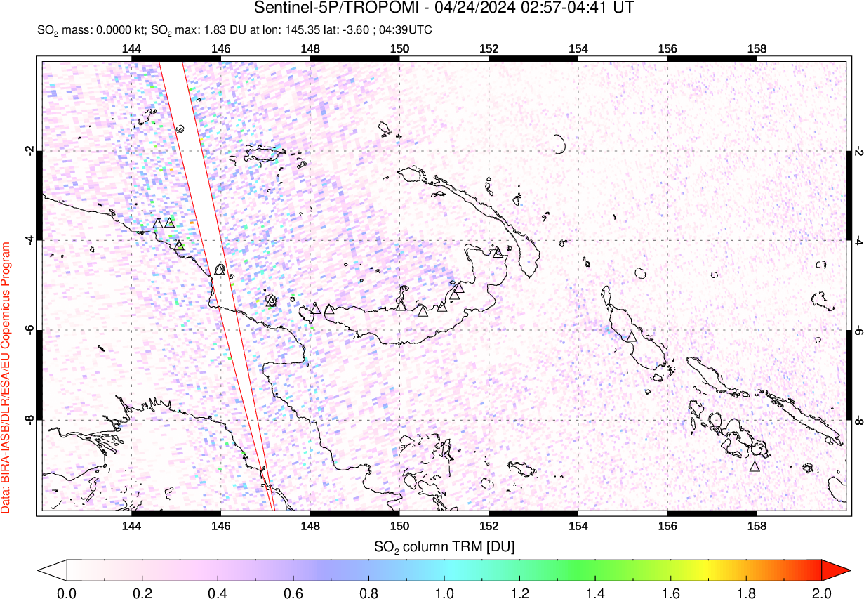 A sulfur dioxide image over Papua, New Guinea on Apr 24, 2024.