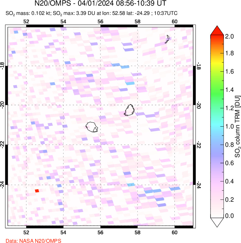 A sulfur dioxide image over Reunion Island, Indian Ocean on Apr 01, 2024.