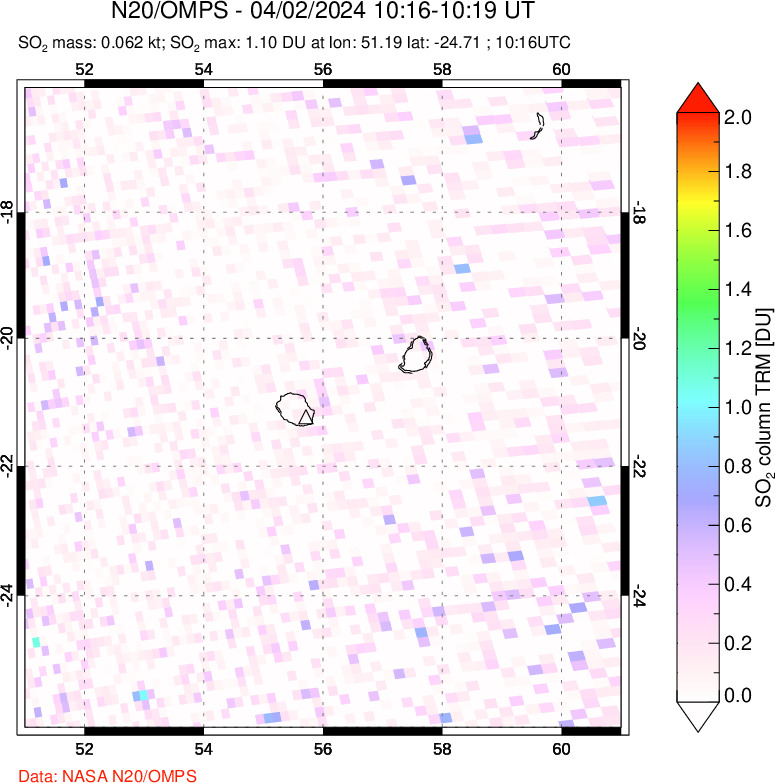 A sulfur dioxide image over Reunion Island, Indian Ocean on Apr 02, 2024.