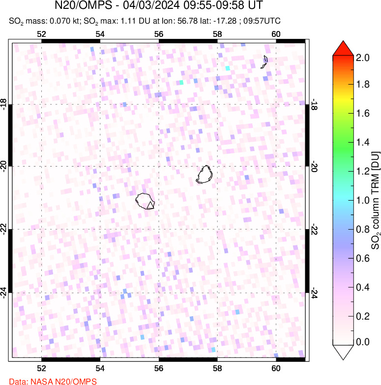 A sulfur dioxide image over Reunion Island, Indian Ocean on Apr 03, 2024.