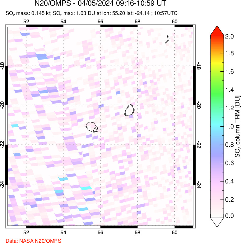 A sulfur dioxide image over Reunion Island, Indian Ocean on Apr 05, 2024.