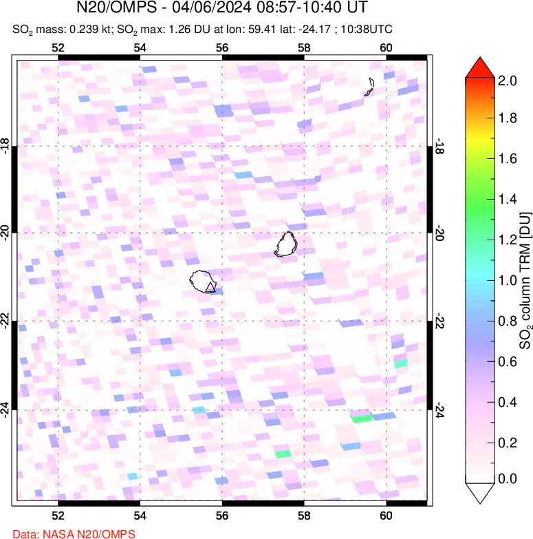 A sulfur dioxide image over Reunion Island, Indian Ocean on Apr 06, 2024.