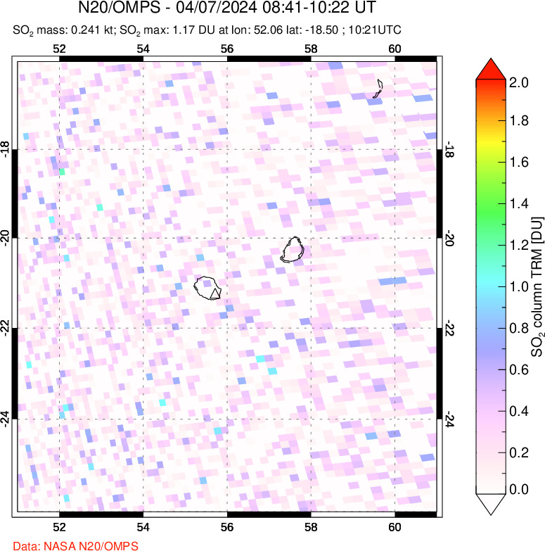 A sulfur dioxide image over Reunion Island, Indian Ocean on Apr 07, 2024.