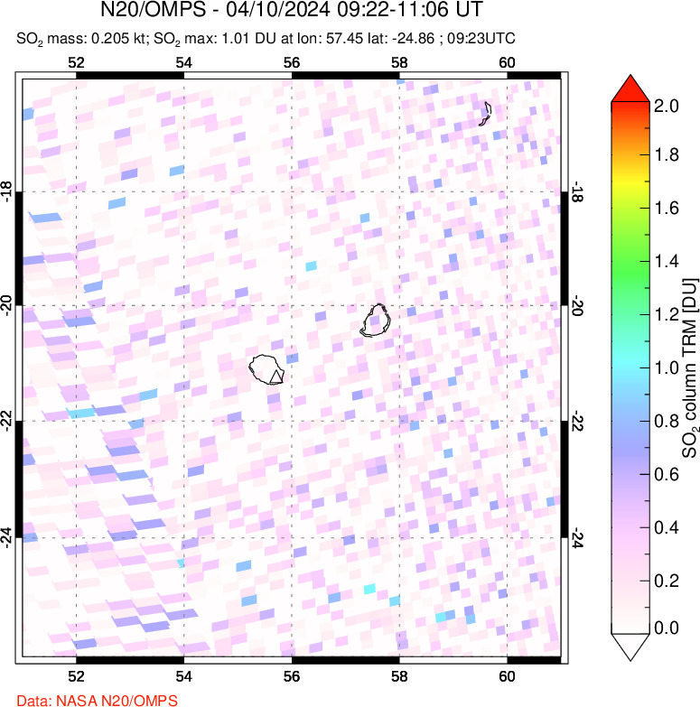 A sulfur dioxide image over Reunion Island, Indian Ocean on Apr 10, 2024.