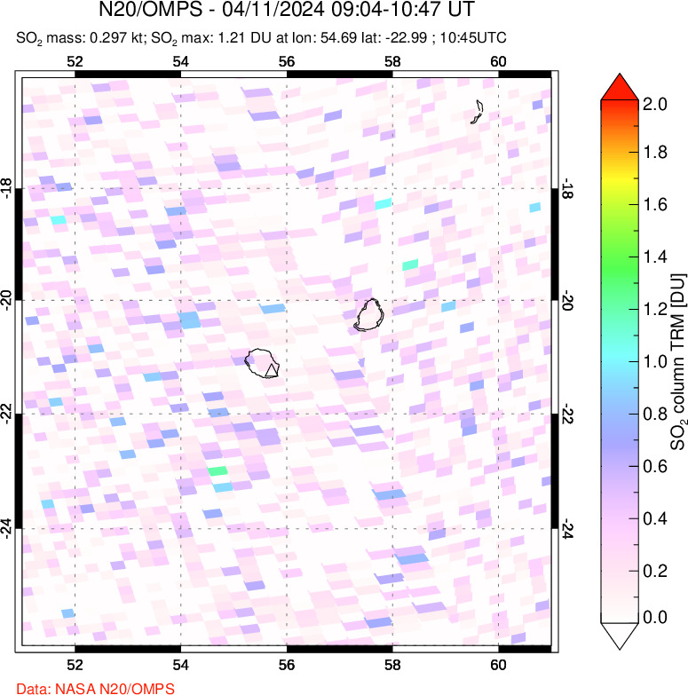 A sulfur dioxide image over Reunion Island, Indian Ocean on Apr 11, 2024.