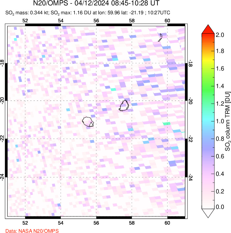 A sulfur dioxide image over Reunion Island, Indian Ocean on Apr 12, 2024.