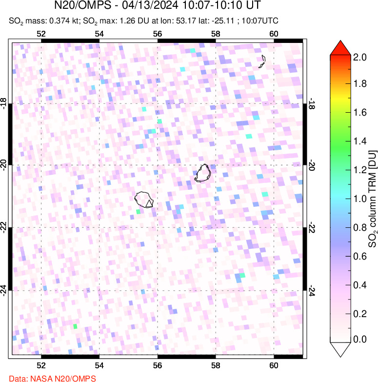 A sulfur dioxide image over Reunion Island, Indian Ocean on Apr 13, 2024.