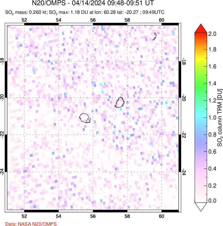 A sulfur dioxide image over Reunion Island, Indian Ocean on Apr 14, 2024.