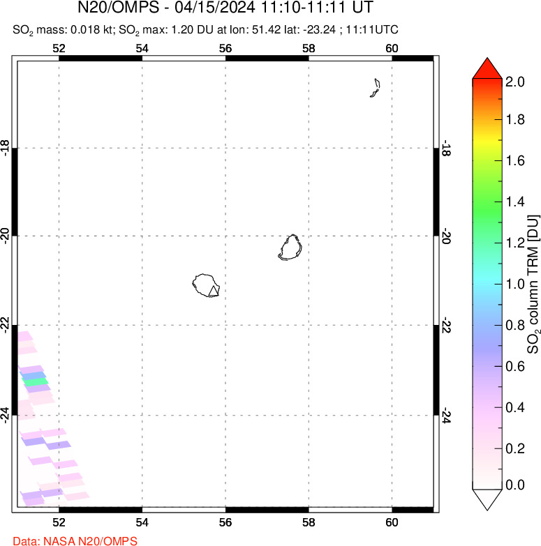 A sulfur dioxide image over Reunion Island, Indian Ocean on Apr 15, 2024.