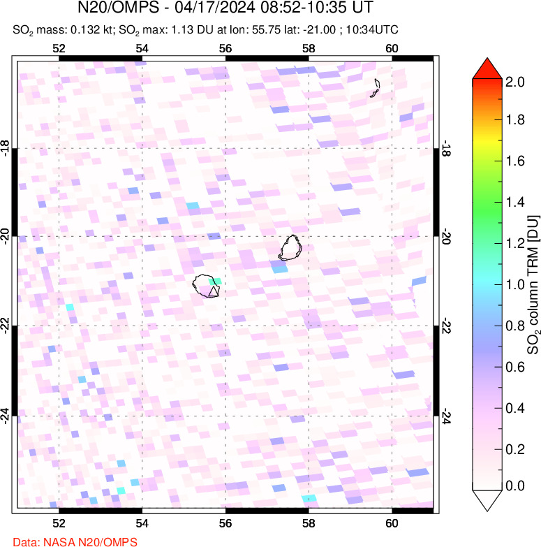 A sulfur dioxide image over Reunion Island, Indian Ocean on Apr 17, 2024.