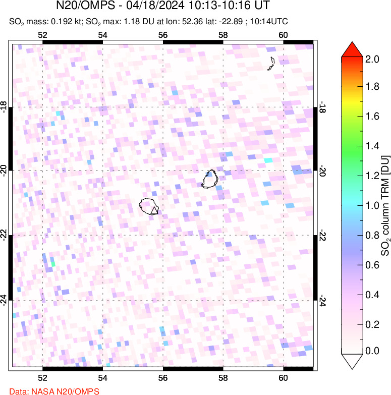 A sulfur dioxide image over Reunion Island, Indian Ocean on Apr 18, 2024.