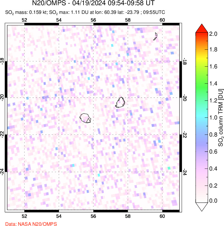 A sulfur dioxide image over Reunion Island, Indian Ocean on Apr 19, 2024.