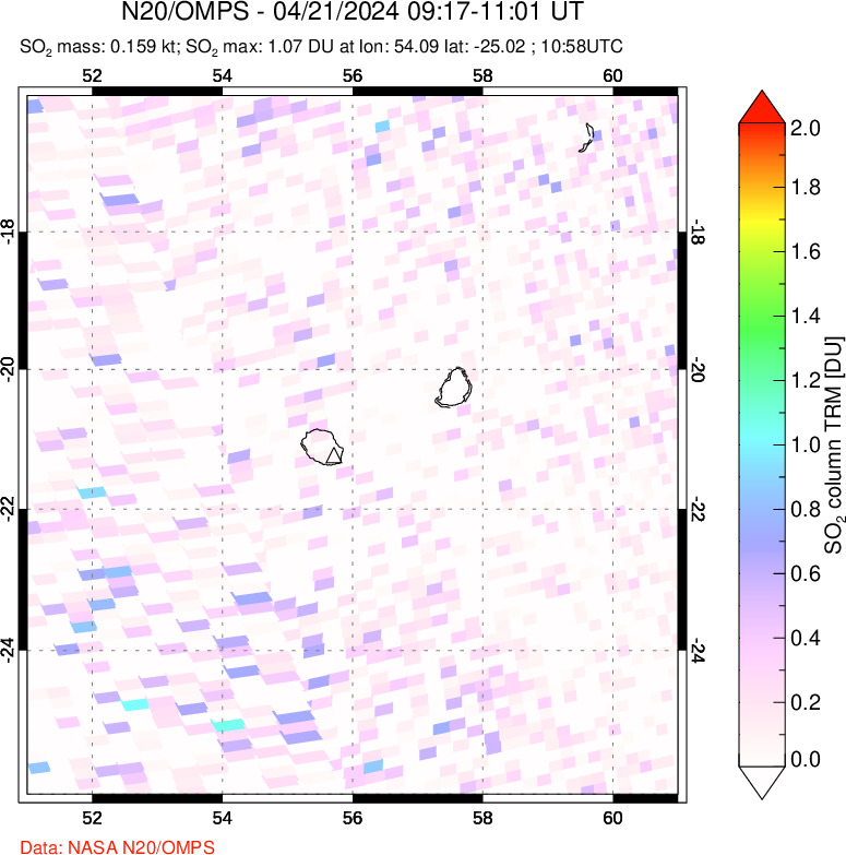 A sulfur dioxide image over Reunion Island, Indian Ocean on Apr 21, 2024.