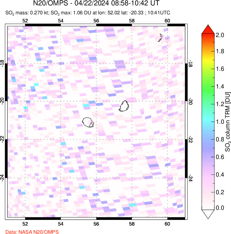 A sulfur dioxide image over Reunion Island, Indian Ocean on Apr 22, 2024.