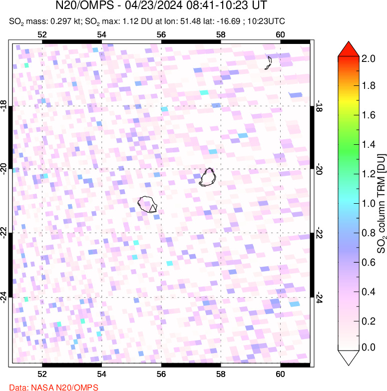 A sulfur dioxide image over Reunion Island, Indian Ocean on Apr 23, 2024.