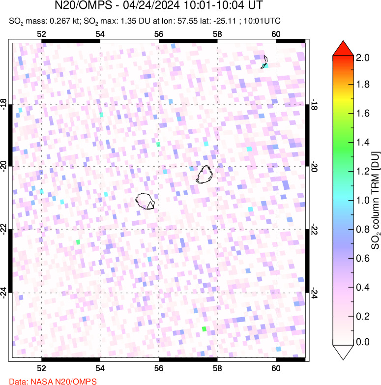 A sulfur dioxide image over Reunion Island, Indian Ocean on Apr 24, 2024.