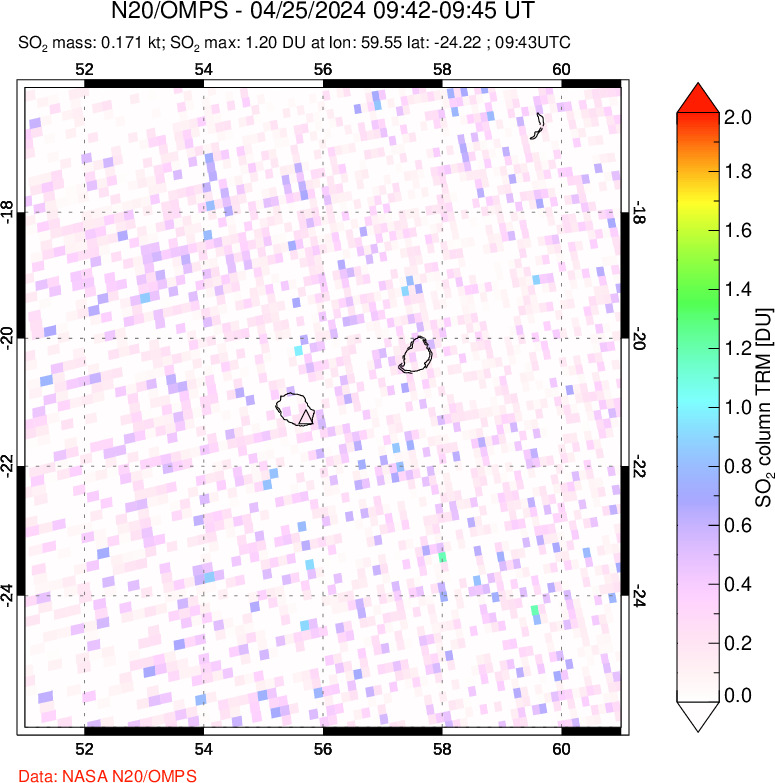 A sulfur dioxide image over Reunion Island, Indian Ocean on Apr 25, 2024.