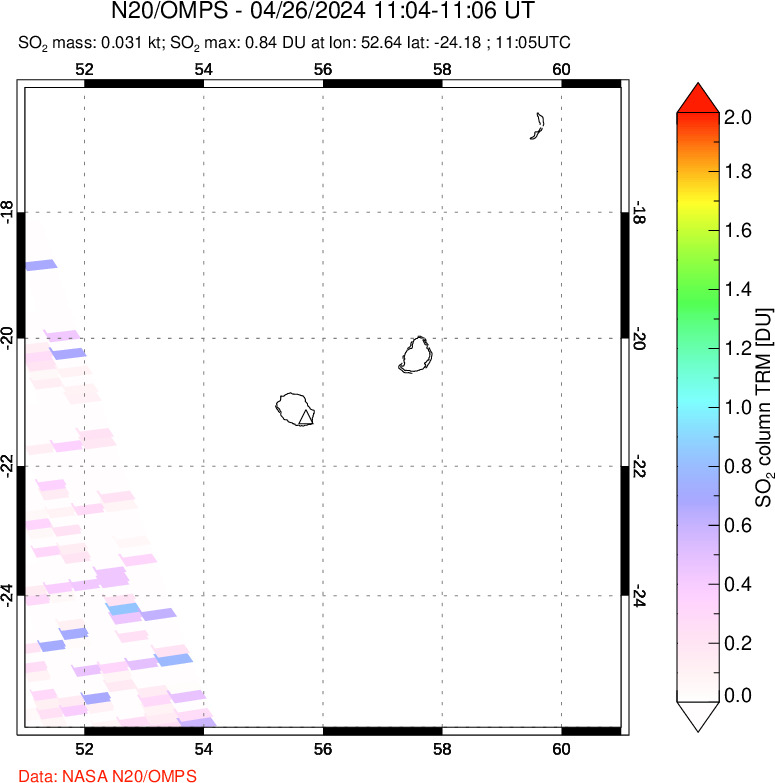 A sulfur dioxide image over Reunion Island, Indian Ocean on Apr 26, 2024.