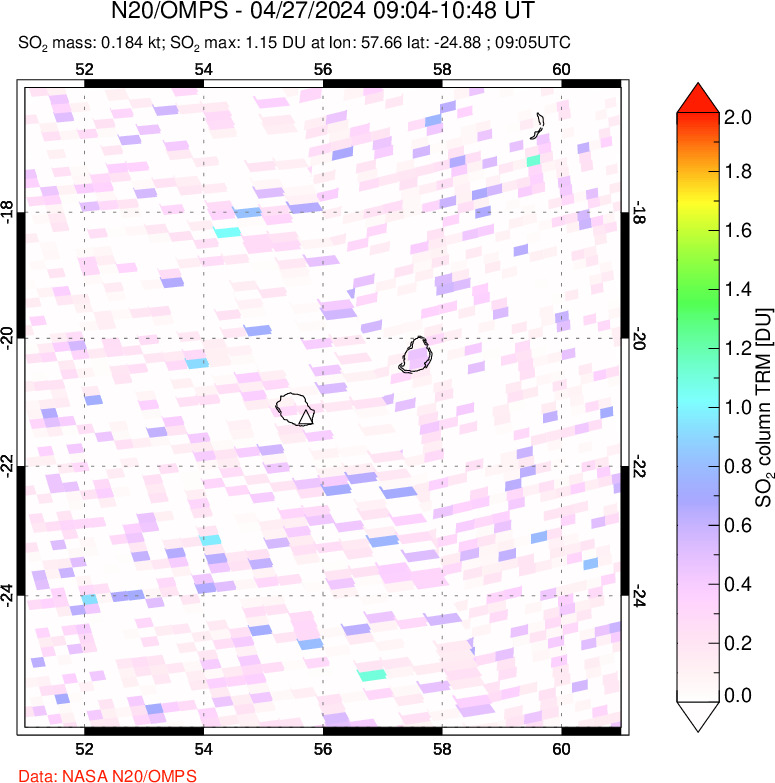 A sulfur dioxide image over Reunion Island, Indian Ocean on Apr 27, 2024.