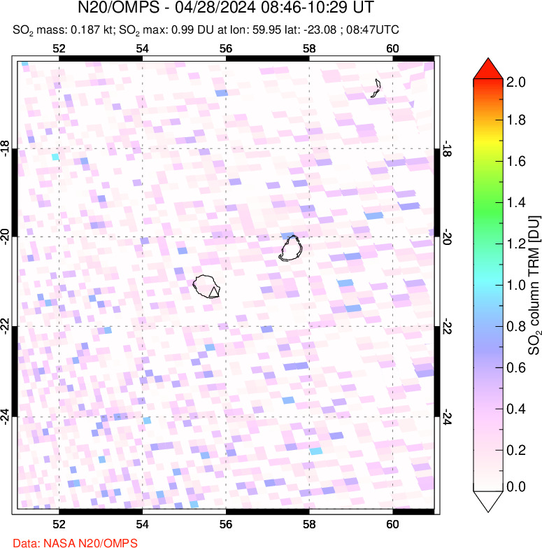 A sulfur dioxide image over Reunion Island, Indian Ocean on Apr 28, 2024.