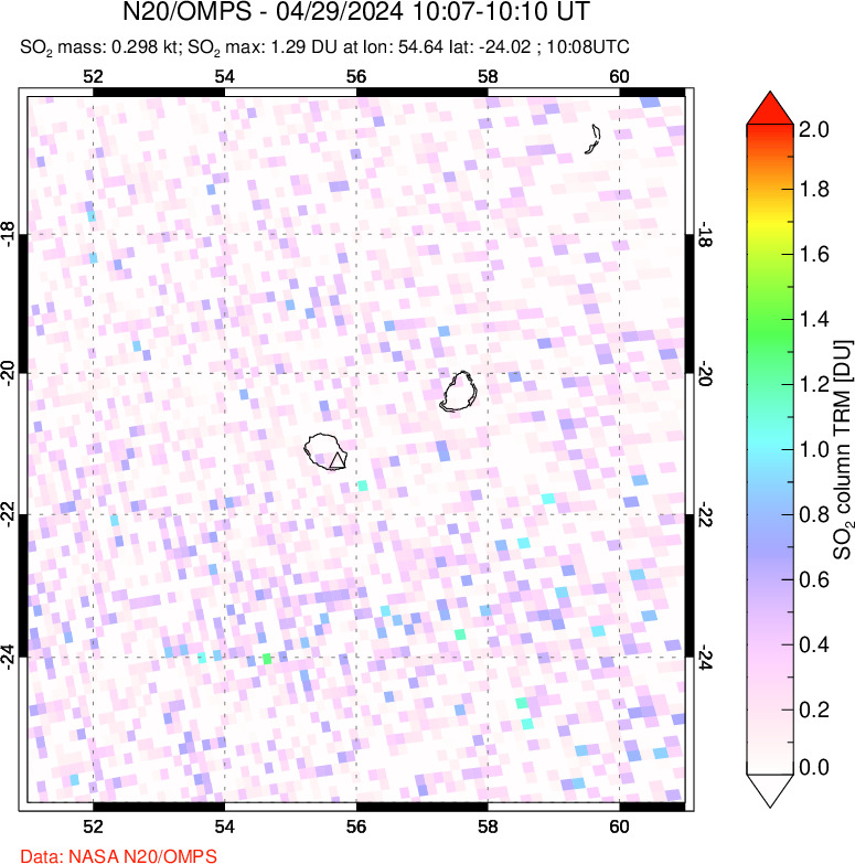 A sulfur dioxide image over Reunion Island, Indian Ocean on Apr 29, 2024.