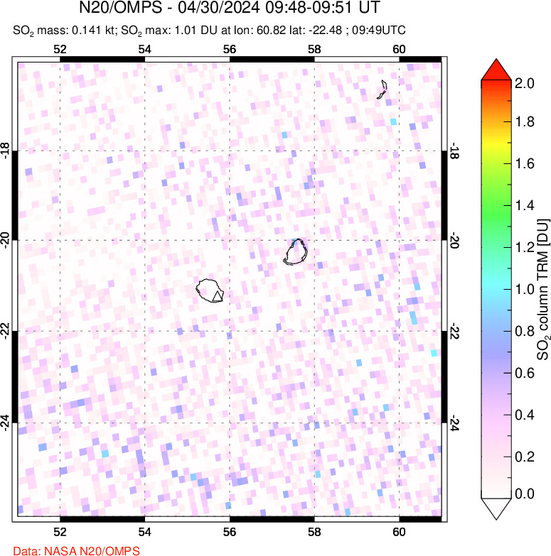 A sulfur dioxide image over Reunion Island, Indian Ocean on Apr 30, 2024.