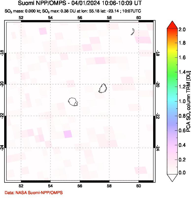 A sulfur dioxide image over Reunion Island, Indian Ocean on Apr 01, 2024.