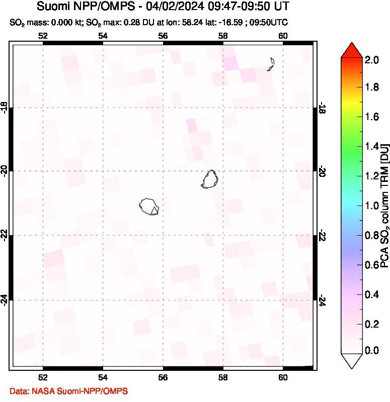 A sulfur dioxide image over Reunion Island, Indian Ocean on Apr 02, 2024.