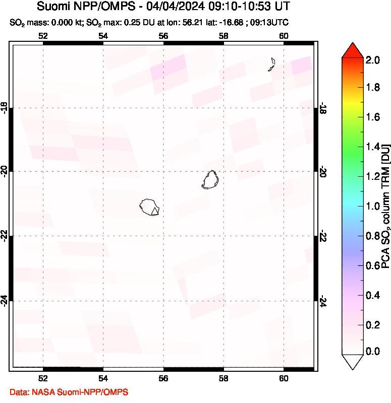 A sulfur dioxide image over Reunion Island, Indian Ocean on Apr 04, 2024.