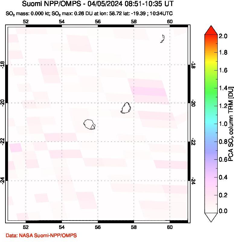 A sulfur dioxide image over Reunion Island, Indian Ocean on Apr 05, 2024.