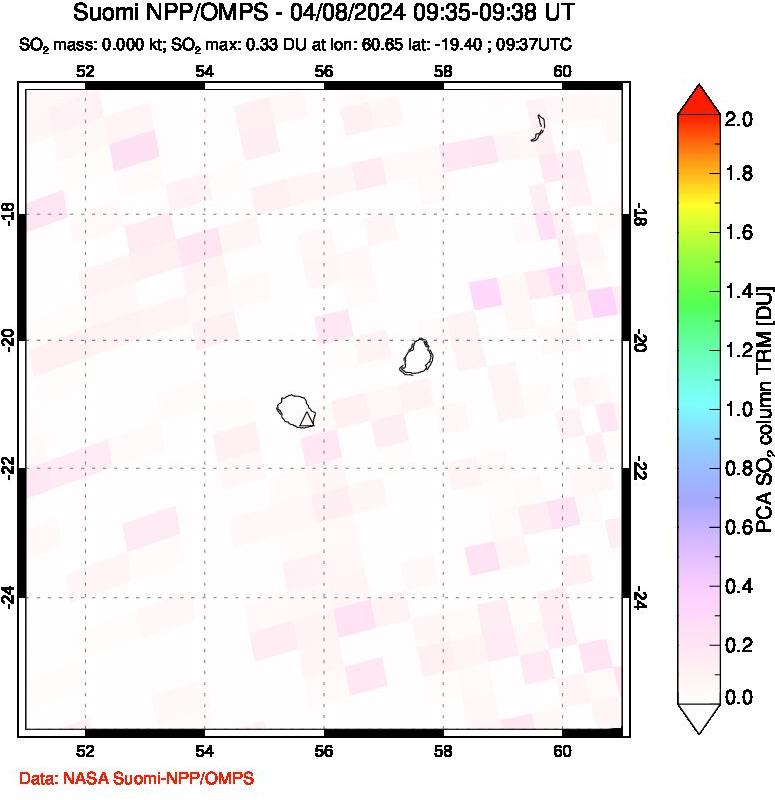 A sulfur dioxide image over Reunion Island, Indian Ocean on Apr 08, 2024.