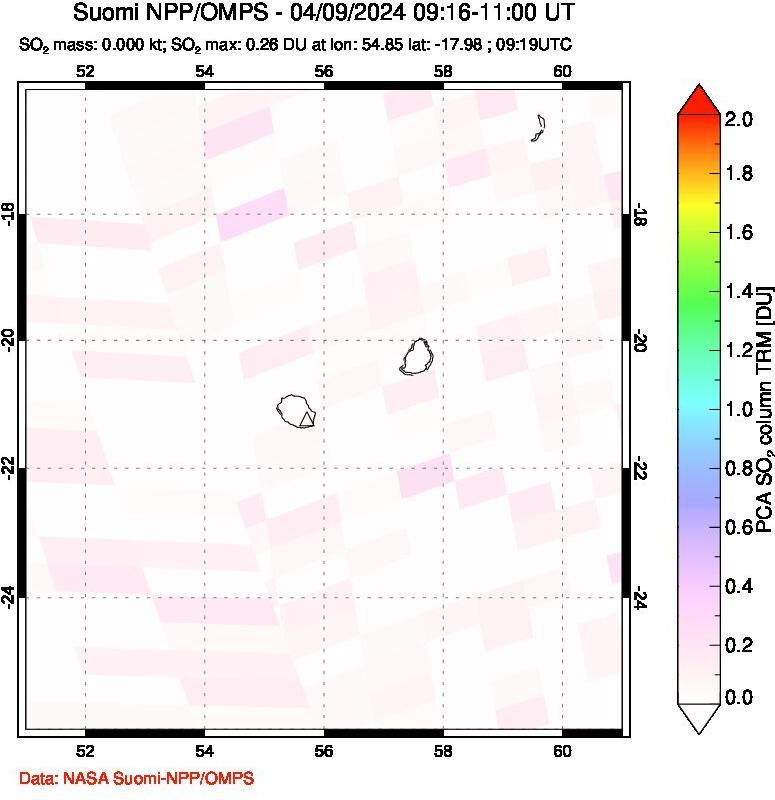 A sulfur dioxide image over Reunion Island, Indian Ocean on Apr 09, 2024.