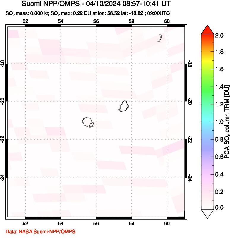 A sulfur dioxide image over Reunion Island, Indian Ocean on Apr 10, 2024.