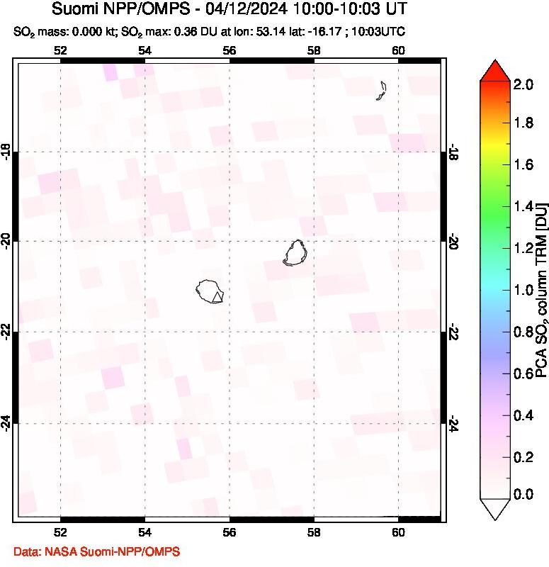 A sulfur dioxide image over Reunion Island, Indian Ocean on Apr 12, 2024.