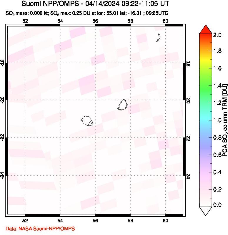 A sulfur dioxide image over Reunion Island, Indian Ocean on Apr 14, 2024.