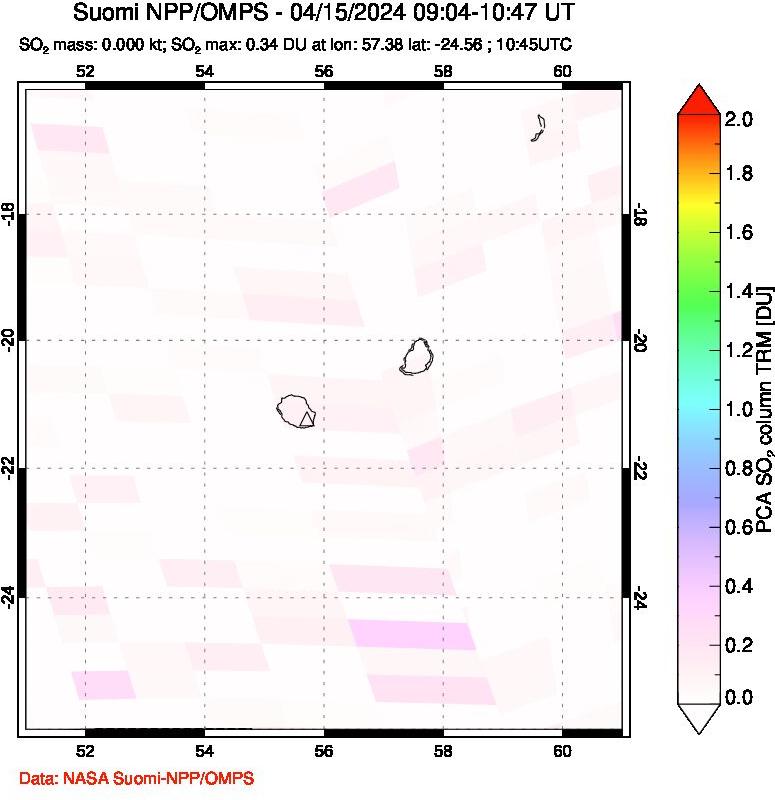 A sulfur dioxide image over Reunion Island, Indian Ocean on Apr 15, 2024.