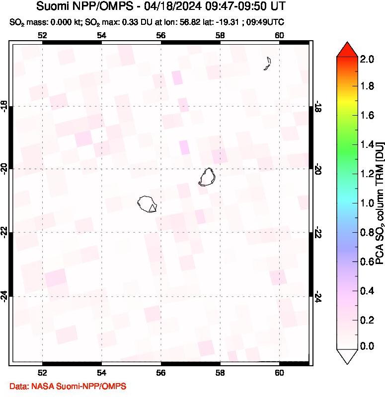 A sulfur dioxide image over Reunion Island, Indian Ocean on Apr 18, 2024.