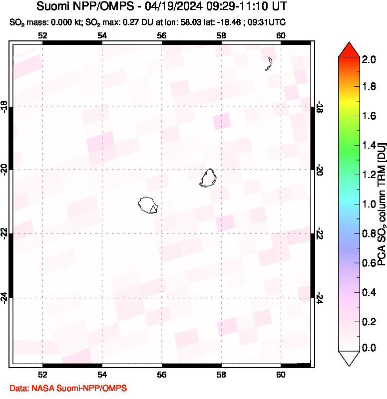 A sulfur dioxide image over Reunion Island, Indian Ocean on Apr 19, 2024.