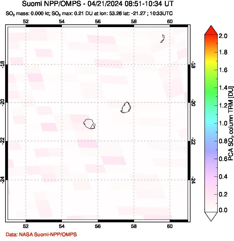 A sulfur dioxide image over Reunion Island, Indian Ocean on Apr 21, 2024.