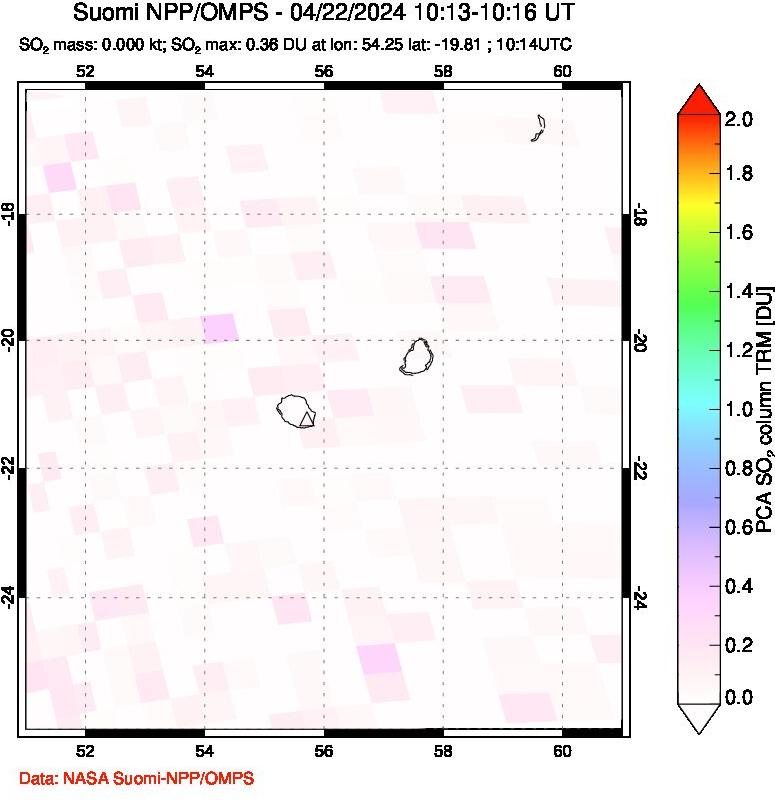 A sulfur dioxide image over Reunion Island, Indian Ocean on Apr 22, 2024.